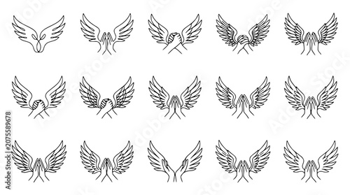 Photography Angel Wings Praying Hands Collection Vector Line Art Icons Set