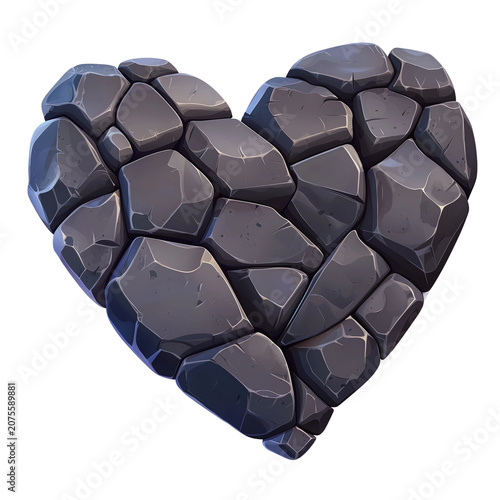 Dark grey stone heart shape isolated on transparent background PNG element