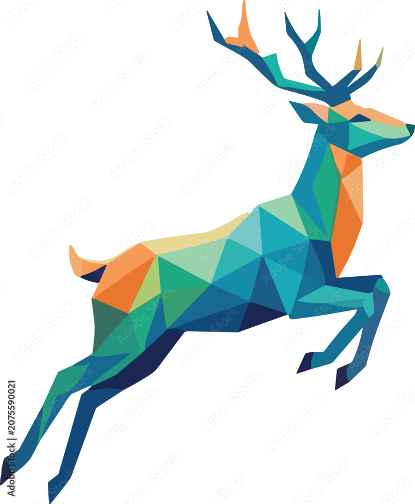 Obraz premium Colorful Low Poly Geometric Deer Illustration with Angular Antlers in Dynamic Abstract Polygonal Style