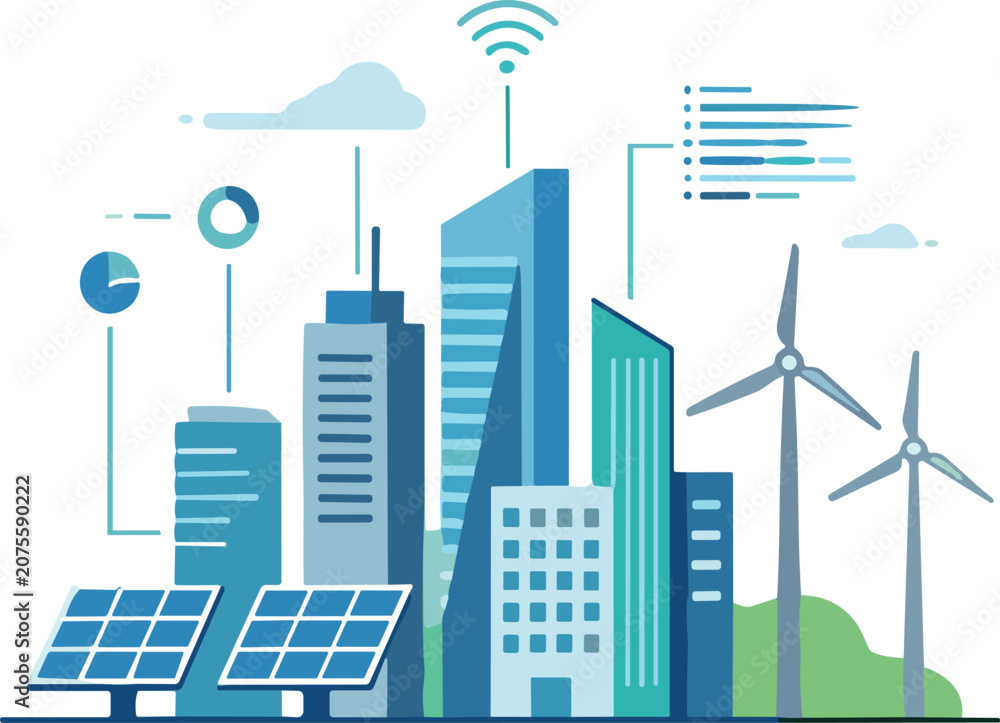 Obraz premium Smart City Illustration with Solar Panels, Wind Turbines, Data Charts, Wi-Fi, and Sustainable Urban Development Elements