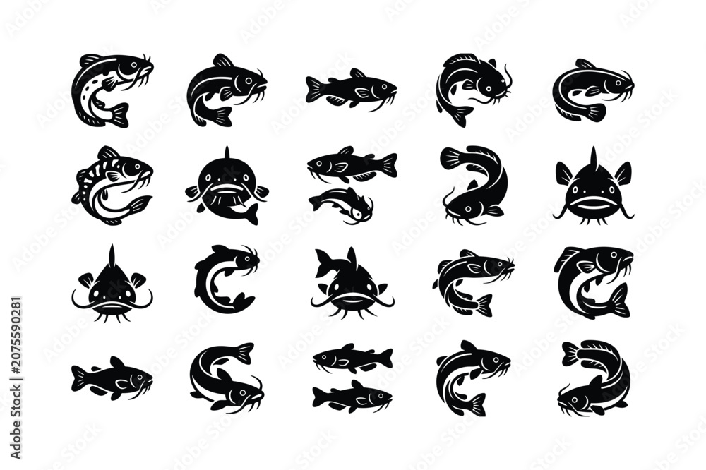 Obraz premium Black and white vector illustration of collection of various catfish and fish silhouettes in different poses and styles on a