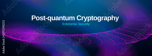 Post-quantum cryptography enterprise security banner abstract digital network wave. Glowing purple data lines and connected dots. Dark blue tech background futuristic cyber protection concept.