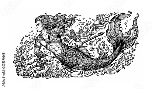 Detailed Fantasy Merman Character Hand Drawn