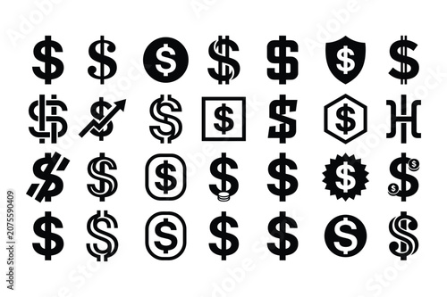 Black and white vector illustration of collection of various dollar sign symbols and icons in black on
