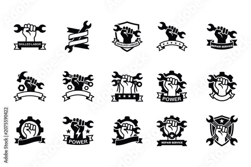 Black and white vector illustration of collection of black and white labor and repair service icons with fists and tools