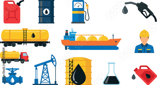 Foto Oil and Gas Industry Flat Vector Icon Set with Pumpjack Petrol Station Cargo Shi
