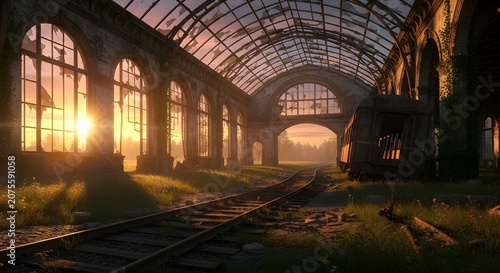 Abandoned train station bathed in golden sunset light, overgrown with nature