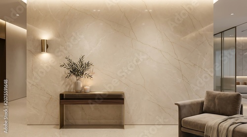 Modern luxury living room interior with a stone marble wall console table and cozy brown sofa furniture