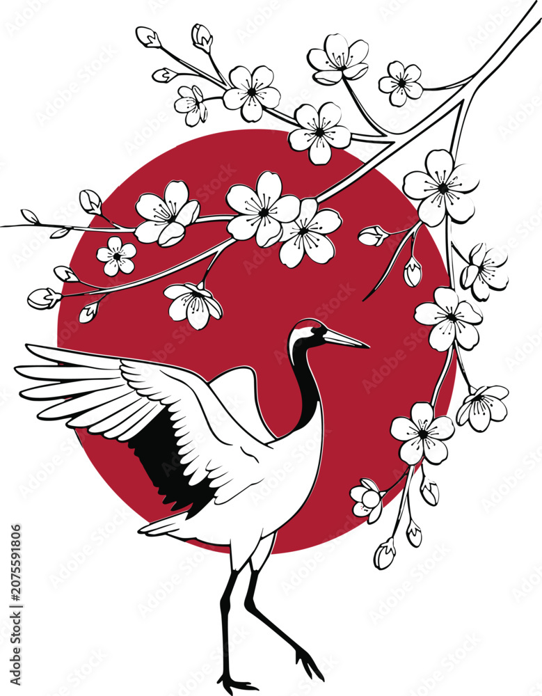 Obraz premium Japanese Crane with Cherry Blossom Traditional Oriental Vector Illustration