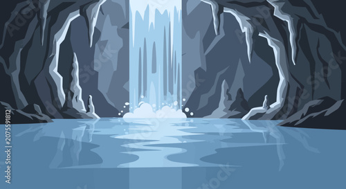 Φωτογραφία A waterfall cascades into a pool inside a dark, rocky cave.