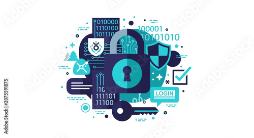 Cyber Security and Data Protection Concept Illustration with Padlock, Shield, Key, and Binary Code on White Background