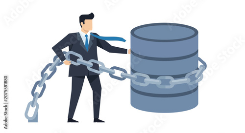 Professional Businessman Securing a Database with a Heavy Metal Chain, Data Protection and Cybersecurity Illustration