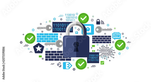 Cyber Security and Data Protection Concept Illustration with Padlock, Binary Code, and Firewall Icons