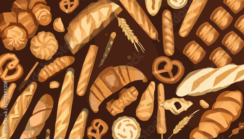 Billede på lærred An overhead view of a rich assortment of freshly baked bread, croissants, pretzels, and pastries arranged on a dark brown surface