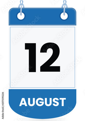 August 12 calendar icon in blue and white colors Clean vector-style date illustration suitable for mobile apps, websites, digital planner, schedules, reminder, event managemen Page Flip Single Date