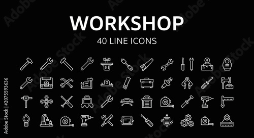 Workshop tools and equipment icons set.