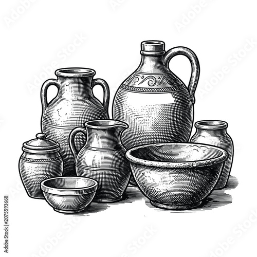 Εκτύπωση καμβά Collection of vintage ceramic pottery jugs pots and bowls sketch drawing vector