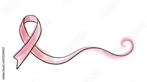 Minimalist watercolor brush stroke pink ribbon sketch with long flowing tail isolated on white backdrop as elegant symbol for breast cancer awareness and global health support.