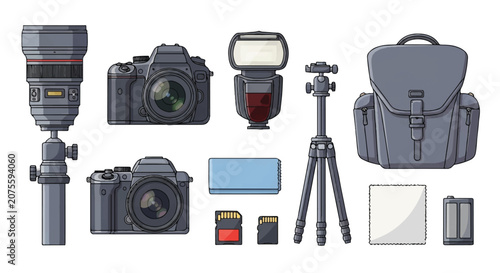 Comprehensive collection of photography gear including cameras, lenses, tripods, and accessories.