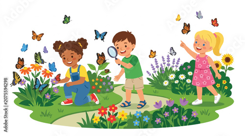 Three Young Children Gardening Together in a Colorful Flower Bed Outdoors.