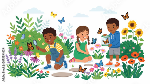 Groups of Children Caring for a Colorful Community Garden Plot.