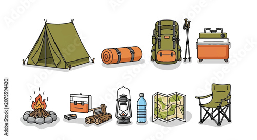 Illustration of essential camping gear and campout essentials for outdoor adventure.