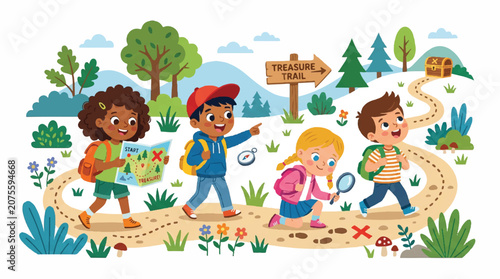 Children Explore a Sunny Outdoor Nature Trail with Signposts and Playful Discovery.