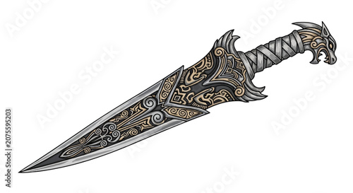 Ornate Decorative Dagger with Intricate Engravings on Blade and Ornate Handle.