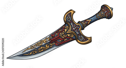 Elegant ornate dagger with intricate engravings, gilded handle, and colorful decorative blade.