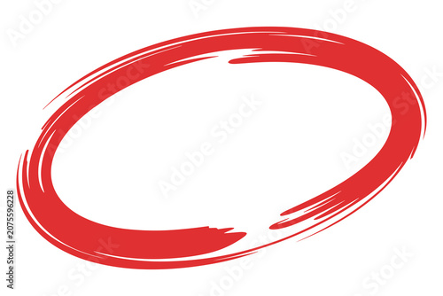 Red hand drawn oval frame, artistic brush strokes, isolated on white background, circular outline