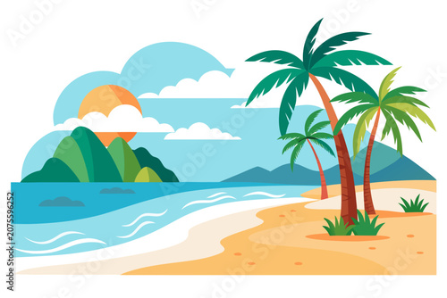 Tropical beach scene with palm trees and mountains in the background at sunset with blue ocean waves