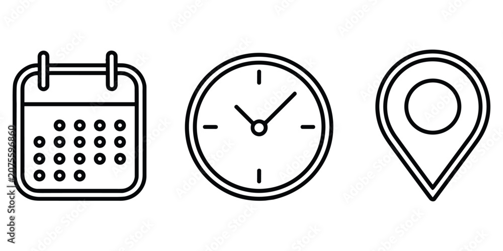 Fototapeta premium Linear icons set with calendar clock and location pin for modern digital interface application