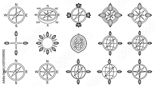 Canvastavla Collection of compass roses and navigational symbols in hand-drawn sketch style
