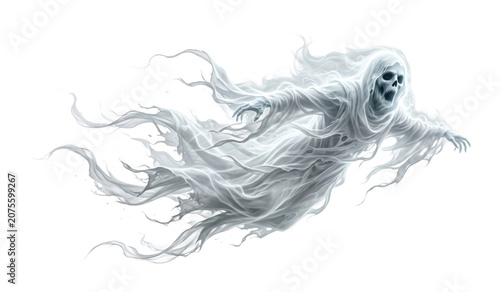 Terrifying flying wraith with a skull face and tattered fabric flowing dynamically isolated on transparent background.
