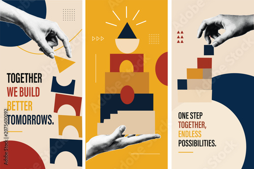 Photos Halftone Pop Art Collage Set of Three Posters with Hands Holding Geometric Shapes and Building Blocks