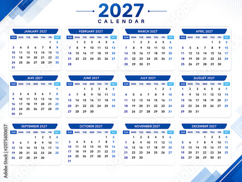 2027 calendar template, yearly planner, simple design, blue and white color scheme