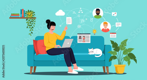 Fotografie Remote worker, woman on couch with laptop, social media icons, relaxed home offi