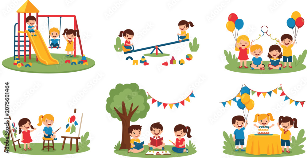 Naklejka premium National childrens day celebration vector illustration set with happy kids playing painting reading and celebrating outdoors