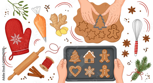 Картината върху платно Hands baking christmas cookies, holiday baking concept, festive background