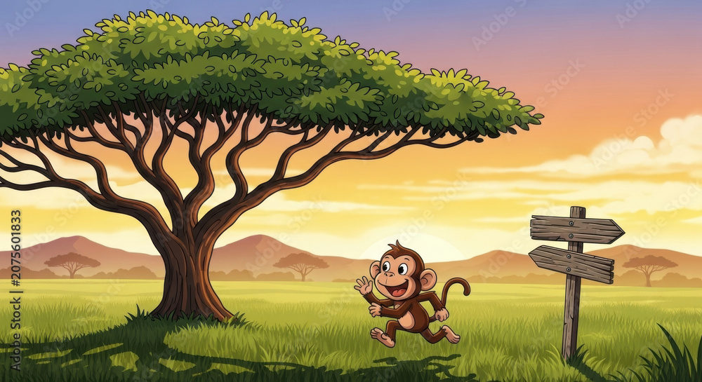 Fototapeta premium Cute cartoon monkey running through green grassy savanna under large umbrella acacia tree with wooden signpost at sunset in safari wilderness.