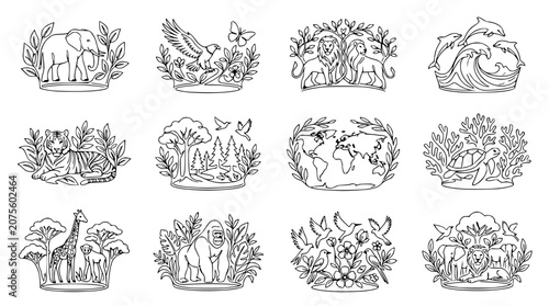 Schilderij op canvas Elegant Wildlife Emblem Collection: Diverse Animals and Nature Scenes in Line Ar