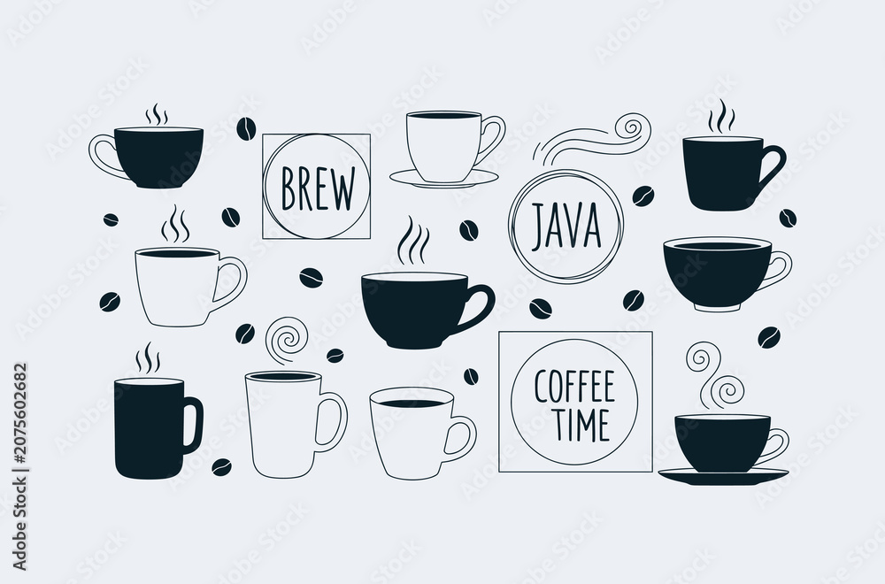 Obraz premium Minimalist Coffee Icon Set with Cups Beans and Steam Elements for Cafe Branding and Menu Design