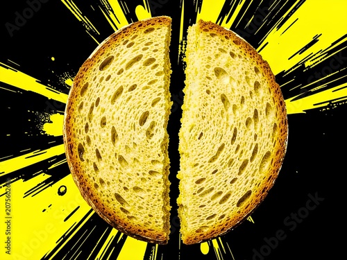 Split Round Bread Toast On Bold Yellow And Black Pop Art Background, Creative Food Concept