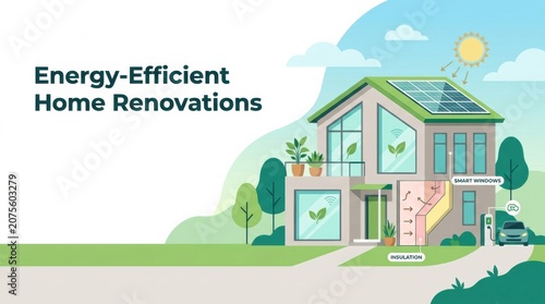 Energy efficient home renovations show a modern house with solar panels and smart features for a sustainable living space