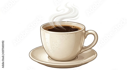 Coffee cup with steam on a saucer sitting on a table in a cafe during the morning hours