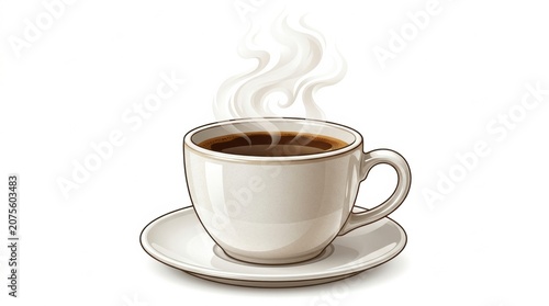 Warm coffee cup with steam rising on a plate in bright setting
