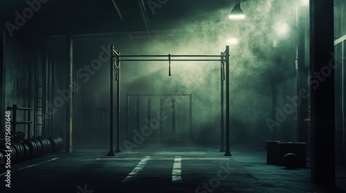 Dramatic low light gym interior featuring a pull-up rig and olympic weight plates.