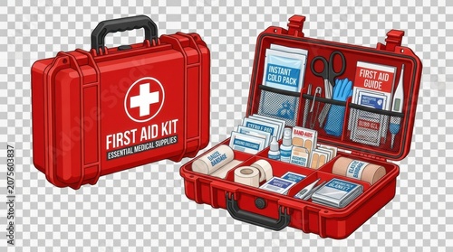 First aid kit contains essential medical supplies for emergencies and injury treatment at home or on the go