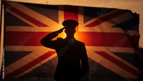 Silhouette of a man in military uniform saluting against a large waving Union Jack flag at sunset