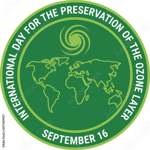 A circular green badge design celebrating international day for the preservation of the ozone layer featuring a detailed world map illustration with a stylized sun icon.